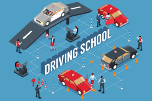 A graphic of cars surrounding the title "driving school"