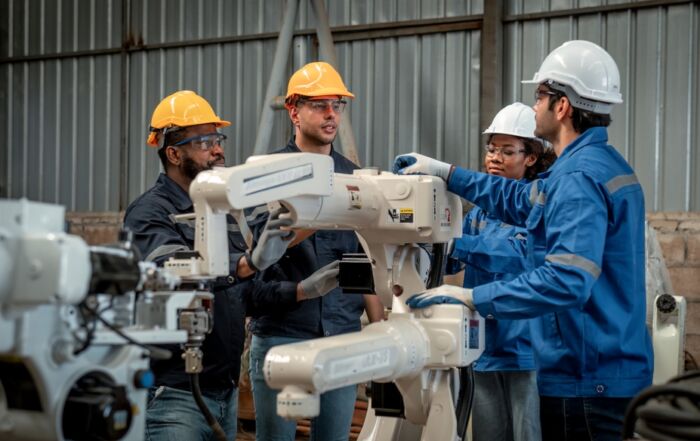 A man teaching his team about a new piece of technology.