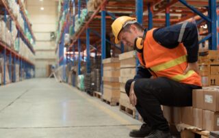 A worker in safety gear holding his back in pain in a warehouse.